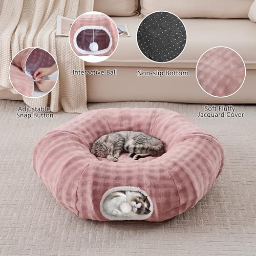 Bubble Cat Tunnel for Indoor Cats, Round Peekaboo Cave Toy with Dangling Balls, Donut Tunnel Bed with Circle Mat for Puppy Kitten Rabbit, Dusty Pink - color: Dusty Pink