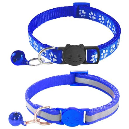 2 Pack Breakaway Cat Collars with Bells, Reflective Design and Claw Print Design, Safety Buckle Kitten Collars Adjustable from 7.5 to 12.5 Inches (Navy Blue) - color: Navy Blue