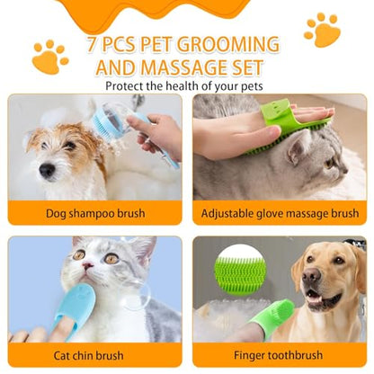 7 PCS Pet Bath Brush Set, Dog Bath Brush with Shampoo Dispenser, Cat Chin Cleaning Brush, Dog Toothbrush, Adjustable Glove Massage Brush, Pet Scrubber for Bathing Long Short Haired Dogs Cats (Green) - color: Green