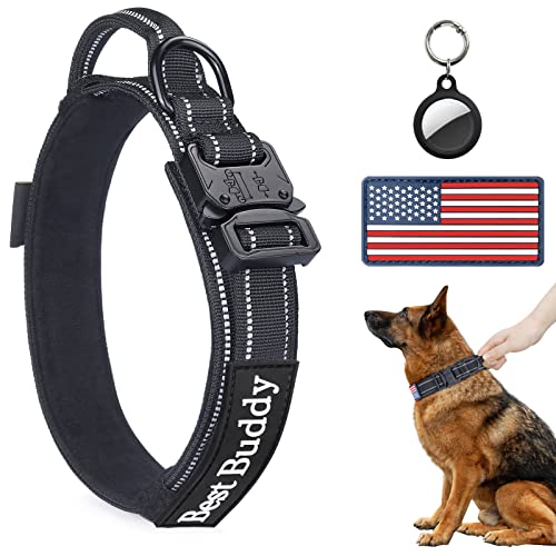 AUBELL Reflective Tactical Dog Collar,Adjustable Military Heavy Duty K9 Collars with Handle and Quick Release Metal Buckle Great for Medium Dogs, with Airtag Case and 2 Patches (Black,M) - color: Black, size: M(13.5"-17")