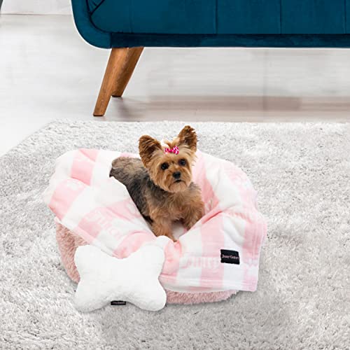 Juicy Couture Turquoise Pink/White Striped Dog & Cat Blanket with Sherpa Bone Shaped Pillow - Plush, Breathable, Lightweight, Machine Washable - color: Pink/White Juicy Stripes Hearts and Paws