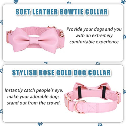 Soft Leather Bowtie Dog Collar - Adjustable Cute Bow Tie Collar [Easy to Clean] with Stylish Rose Gold Heavy Duty Metal Buckle for Small Medium Large Dogs Pink XS - color: Pink, size: XS(8"-12")
