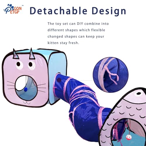 GONPETGP Cat Tunnel for Indoor Cats with Cube Tent Toys Combo, Crinkle Paper Collapsible Interactive Pet Cat Tubes with Play Ball and Bell for Puppy, Kitty, Kitten, Rabbit (3 in 1 Set) - color: Blue