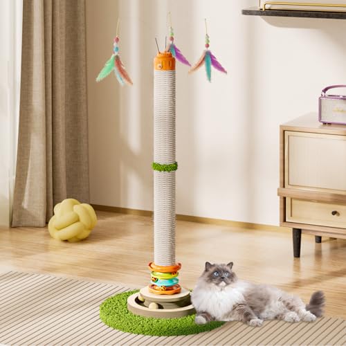 YARUOMY Cat Scratching Post，40'' Tall Cat Scratcher Tree Cat Toys for Indoor Cats with Cat Toys 4-Tier Roller Track，Automatically Rotating cat Teaser Wand，Hanging Balls for Kittens Adults Cats