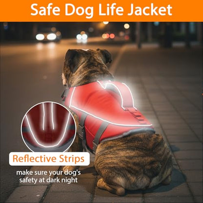 Geyecete Dog Life Vest for Swimming with Handle Dog Life Jacket Adjustable for Swimming, Boating,and Water Safety, High-Buoyancy,Orange with Red-M - size: Medium