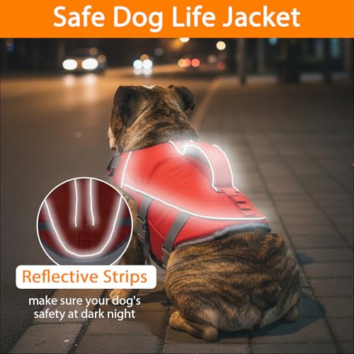 Geyecete Dog Life Vest for Swimming with Handle Dog Life Jacket Adjustable for Swimming, Boating,and Water Safety, High-Buoyancy,Orange with Red-S - size: Small