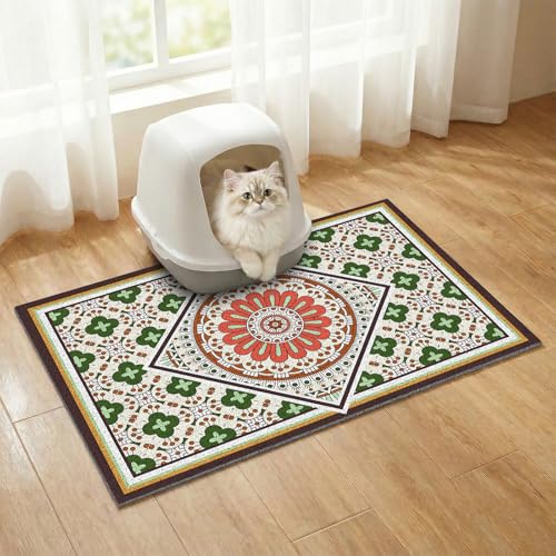 Bohemian Kitty Litter Mat 24"x17",Non-Slip Litter Box Mat, Washable Cat Litter Rug Catcher,Double-Layer Litter Trapping Mat for Scatter Control, Easy Clean Cat Food Mat & Floor Protector - color: Dark Green, size: 24“ x 17”