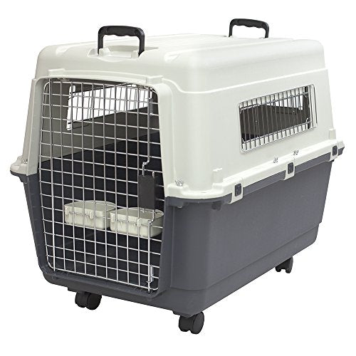 SportPet Airline Compliant LARGE 31.5" Travel Dog Kennel-Durable Plastic Airline Pet Carrier w/ Removable Wheels & Food Bowls, Collapsible Indoor/Outdoor Dog Kennel, Dogs up to 28"L & 20"H-Cream/Gray - color: Cream/Gray, size: 31.5"L x 22.0"W x 23.0"H