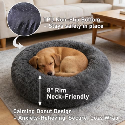 Calming Donut Dog Beds for Small Dogs Kitten - Washable Removable Cover Non-Slip Bottom, Round Pet Bed Puppy Bed Warming Fluffy Faux Fur Anti-Anxiety, Fits up to 15 lbs (Dark Grey, 20") - color: Dark Grey, size: 20"L x 20"W x 8"Th