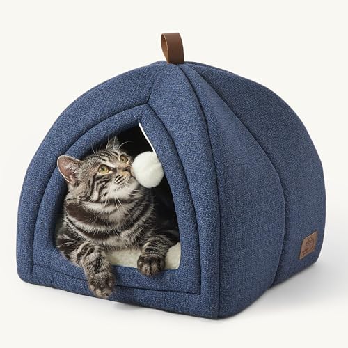 Bedsure Cat Beds for Indoor Cats - 2 in 1 Cat Cave House Tent for Kittens and Small Pets with Removable Washable Cushioned Pillow, Foldable Kitten Hideaway with Non-Slip Bottom, Navy, 16 inches - color: Navy, size: M(16x16x16)