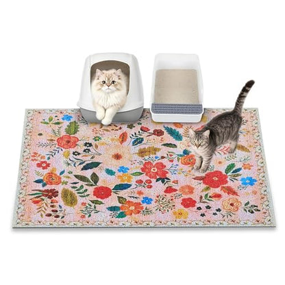 Cat Litter Mat, 35" x 23" Litter Box mat, Upgrade Non-Slip Kitty Litter mat, Traps 100% Litter, Soft on Kitty Paws, Easy Clean for Scatter Control, Bohe cat Food mat, Urine Waterproof - color: Pink Garden, size: Large（35"x23"）