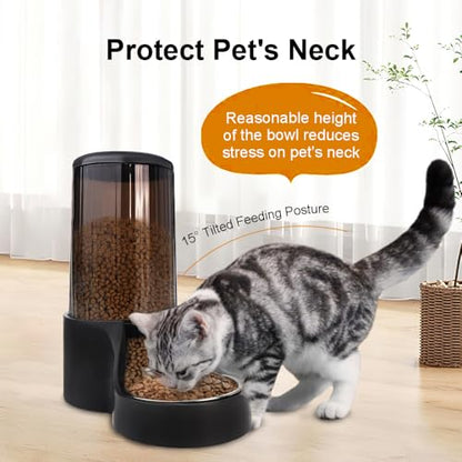 Automatic Cat Feeder, 3.8L Large Gravity Cat Food Dispenser with Detachable Top Lid, Visible Bottle and Stainless Steel Bowl for Pets (Full Black) - color: Full Black