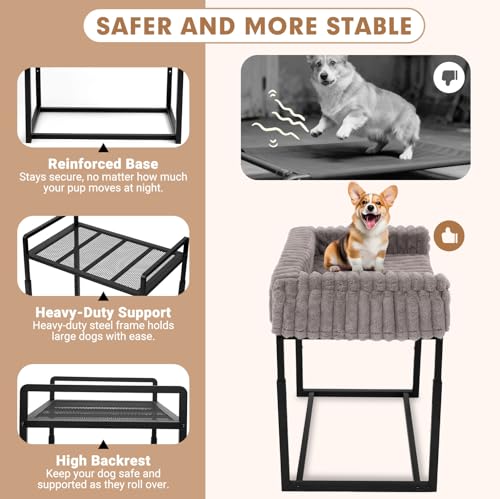 Beside Dog Bed,Adjustable Height Dog Bunk Beds,27.5''x 18''Metal Dogs Bed Frame with Washable Removable Corduroy Cover,Memory Foam Pet Bed with Sides,Medium - size: Medium