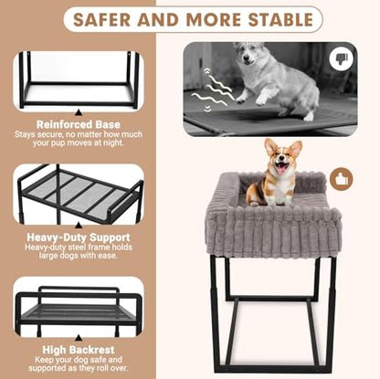 Beside Dog Bed,Adjustable Height Dog Bunk Beds,27.5''x 18''Metal Dogs Bed Frame with Washable Removable Corduroy Cover,Memory Foam Pet Bed with Sides,Medium - size: Medium