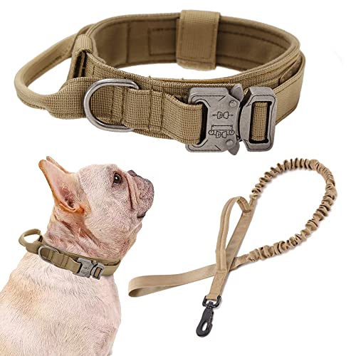 Tactical Dog Collar and Leash Set Adjustable Military Nylon Dog Collar with Control Handle and Heavy Duty Metal Buckle for Large Dogs （Brown S - color: Brown SET(collar+leash), size: Small (Pack of 1)