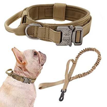 Tactical Dog Collar and Leash Set Adjustable Military Nylon Dog Collar with Control Handle and Heavy Duty Metal Buckle for Large Dogs （Brown S - color: Brown SET(collar+leash), size: Small (Pack of 1)