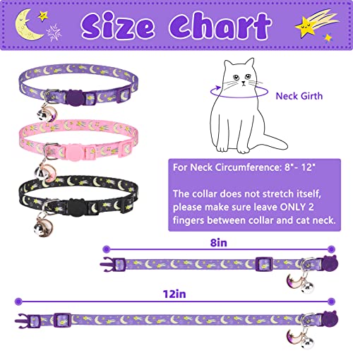 Breakaway Cat Collars with Bell & Cute Pendants, 3 Pack Safety Buckle Kitten Collars, Adjustable Pet Collar Ideal for Girl Boy Cats Puppy (Moon&Star) - color: Style A - Moon