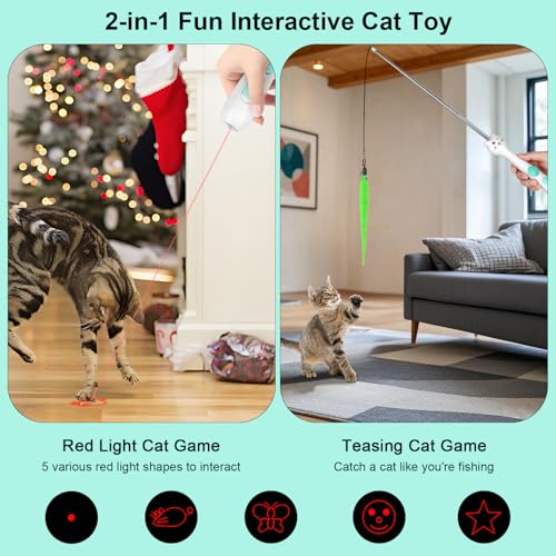 TBTeek Cat Toy, 2in1 Light and Retractable Pole with Feather, Rechargeable, Long Range 5 Modes, Interactive Toy for Indoor Cat Kitten Dog - size: 1pc red light with fish pole