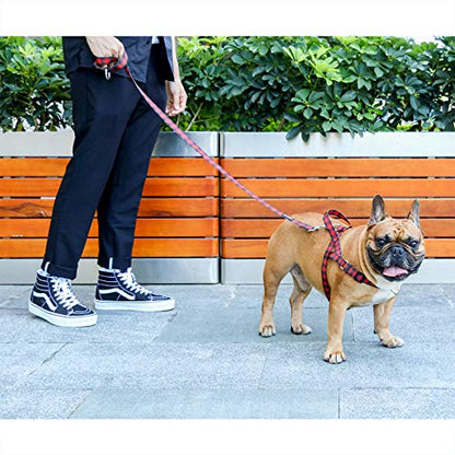 iChoue French Bulldog Harness and Leash Set Adjustable Locked Buckle with Handle for Frenchie Pug English Boston Terrier Dogs, Red Grid, Small - color: A Harness with Leash Red Grid, size: Small ( 5 - 25 lbs )