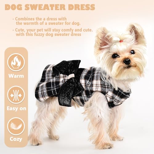 Dog Sweater Dress,Dog Dress for Small Dogs Girl, Plaid Winter Warm Fleece Lining Female Clothes, Pet Outfits Coat, Cat Apparel Christmas,Small,Black - color: Plaid Black, size: Small (Chest 16.9 in)