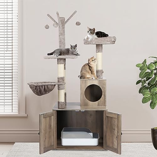 Timberer Litter Box Enclosure with Cat Tree, 2-in-1 Cat Tree Tower, Hidden Cat Litter Box Furniture with Scratching Post, Modern Cat Condo, Grey - color: Grey