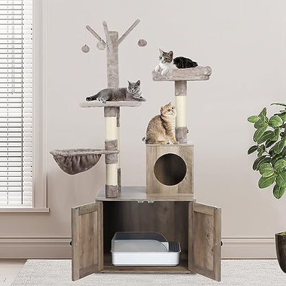 Timberer Litter Box Enclosure with Cat Tree, 2-in-1 Cat Tree Tower, Hidden Cat Litter Box Furniture with Scratching Post, Modern Cat Condo, Grey - color: Grey