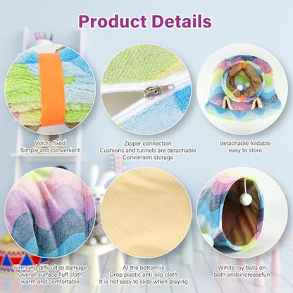 BWOGUE Bunny Tunnel Bed, 2-in-1 Collapsible Tunnel Tubes Toys with Removable Mat Hideout for Cats Kittens Rabbits Guinea Pigs Kitty - color: Rainbow