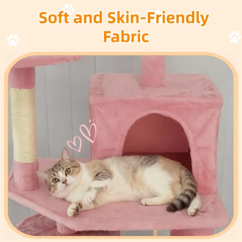 Cat Tree 60.63 inches Cat Tower for Indoor Cats, Multi-Level Cat Condo Furniture with Scratching Posts, Plush Perches, Activity Center with Cozy Basket & Hammock for Cats (Pink) - color: Pink