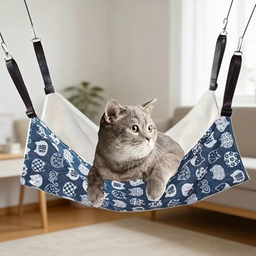 Cat Cage Hammock, Reversible for Use, Adjustable Pet Cat Bed, Soft Sleeping Cat Bed, Suitable for Cats, Puppies, Bunnies and Other Little Pets, Thickened Style, Blue, M(13.7 * 19.7in) - size: Medium