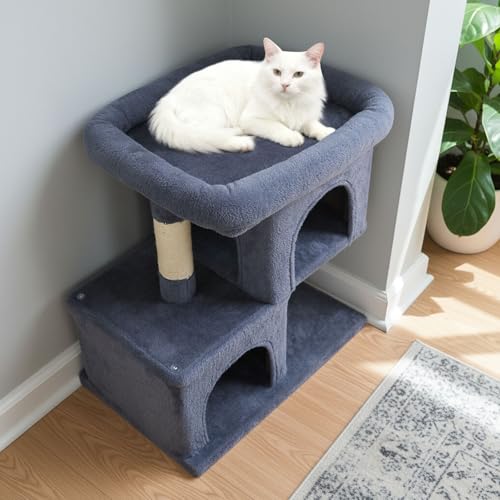 Tangkula Small Cat Tree for Indoor Cats, 25.5 Inch Cat Tower with Sisal Scratching Posts, 2 Large Cat Condos with Padded Top Perch, Modern Cat Climbing Furniture for Adult Cats & Kittens (Dark Gray) - color: Dark Gray