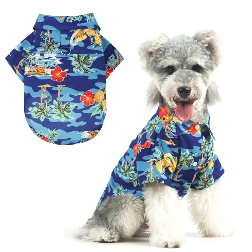 KOOLTAIL Dog Hawaiian Shirt, Dog Summer Clothes with Leash D-Ring for Small Dogs, Floral Cool Beach Puppy Shirts with Sun Protection,Breathable Soft Pet Outfit Indoor&Outdoor Boy&Girl, Blue S - color: Hawaiian Blue, size: Small