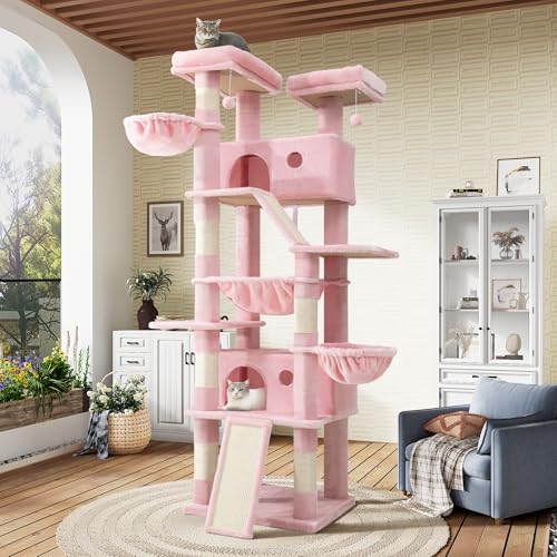 SHA CERLIN 81in Multi-Level Tall Cat Tree Tower for Indoor Kitties/Larger Cat Condo Furniture with Hammock/Cozy Pussycat Perches/Sisal Scratching Posts/Pet House/Wide Base/Pink - color: Pink