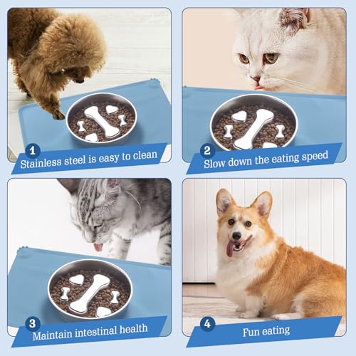 Stainless Steel Slow Feeder Dog Bowls – Non-Slip Metal Dog Bowl for Large & Medium Breeds, Puppy Puzzle Feeder – 2 Cup Capacity for Small to Big Pets – Durable Slow Feed Dog & Cat Food Dish with Mat - color: Bone&Heart With Mat-Blue