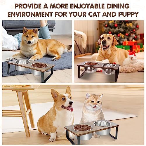 Elevated Dog Bowls for Small Medium Wood Dogs Raised Bowl Stand with 2 Stainless Steel Deep Dog Food and Water Bowls, Anti Vomit, Non-Slip Feeding Dishes(Tilted，3 inches in Height, 40oz - color: Walnut-Small&Medium