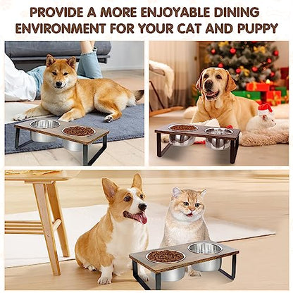 Elevated Dog Bowls for Small Medium Wood Dogs Raised Bowl Stand with 2 Stainless Steel Deep Dog Food and Water Bowls, Anti Vomit, Non-Slip Feeding Dishes(Tilted，3 inches in Height, 40oz - color: Walnut-Small&Medium