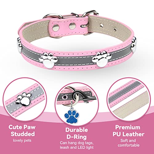 PETCARE Reflective Dog Collar with Cute Paw Rivet Studded Funny Soft PU Leather Adjustable Puppy Dog Collars for Small Medium Large Dogs Cats (Pink,Small) - color: Pink, size: S( Neck 7.48"-9.84")