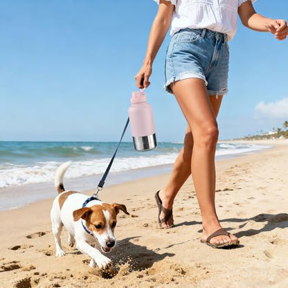 Cibaabo Insulated Dog Water Bottle with 2 Bowls, 32oz Travel Stainless Steel Double Wall Thermos, Portable Pet Dispenser, Gifts for Puppy Small Medium Dogs Walking Hiking and Camping - color: Blush Pink