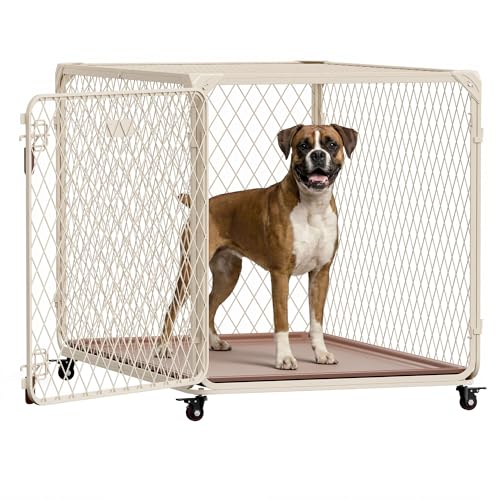 42 Inch Dog Crate with Lockable Wheel, Diamond Mesh Metal Dog Kennel Cage with Double Secure Latch & Leak-Proof Tray, Escape-Proof Dog Crates for Large Dogs Breeds, Dogs up to 200 lbs - size: 43.2"L x 29.1"W x 29.4"H