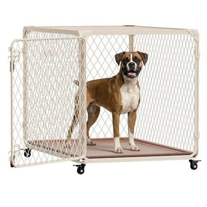 42 Inch Dog Crate with Lockable Wheel, Diamond Mesh Metal Dog Kennel Cage with Double Secure Latch & Leak-Proof Tray, Escape-Proof Dog Crates for Large Dogs Breeds, Dogs up to 200 lbs - size: 43.2"L x 29.1"W x 29.4"H