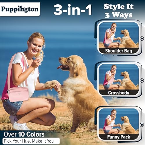 Puppington 3-in-1 Crossbody Dog Treat Pouch for Pet Training - Compostable Poop Bags, Built-In Poop Bag Dispenser, Slow-Feeding Travel Dog Bowl & Reflective Leash - Dog Walking Bag (Blush Pink) - color: Blush Pink