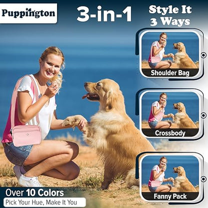 Puppington 3-in-1 Crossbody Dog Treat Pouch for Pet Training - Compostable Poop Bags, Built-In Poop Bag Dispenser, Slow-Feeding Travel Dog Bowl & Reflective Leash - Dog Walking Bag (Blush Pink) - color: Blush Pink