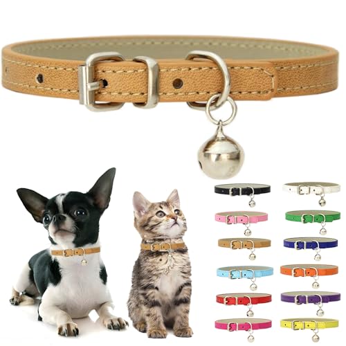 XS Dog Collar with Bell, Soft Pu Leather Cat Collars Adjustable Buckle for XXS Extra Small Medium Tiny Female Male Boys Girls Pets Puppy Kitten Teacup Yorkie Khaki X-Small - color: Khaki, size: XS for Neck 8"-10.5"