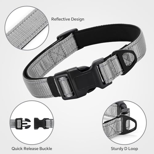 Reflective Dog Collar with Quick Release Buckle - Metal Ring - Adjustable Soft Neoprene Padded Basic Dog Collar for Small Medium Large Dogs (Darkgray, Large :Width 1",Neck 15.7-23.6") - color: Darkgray, size: Large