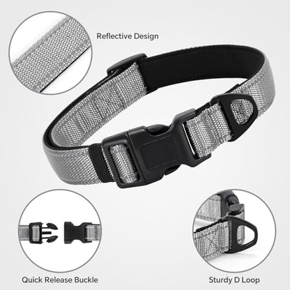 Reflective Dog Collar with Quick Release Buckle - Metal Ring - Adjustable Soft Neoprene Padded Basic Dog Collar for Small Medium Large Dogs (Darkgray, Large :Width 1",Neck 15.7-23.6") - color: Darkgray, size: Large