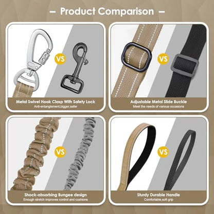 AUBELL Tactical Dog Leash Heavy Duty,4-6ft Reflective Strong No Pull Bungee Leash for Small Dogs with Comfortable Padded Double Handle,Car Seat Belt,360 Degree Rotating Carabiner,Brown - color: S-Brown(4-6FT)