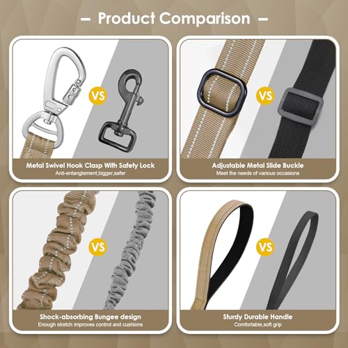 AUBELL Tactical Dog Leash Heavy Duty,4-6ft Reflective Strong No Pull Bungee Leash for Small Dogs with Comfortable Padded Double Handle,Car Seat Belt,360 Degree Rotating Carabiner,Brown - color: S-Brown(4-6FT)