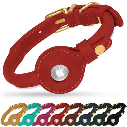 OOPSDOGGY Rolled Leather Dog Collar with Airtag Holder - Reflective Round Airtag Dog Collar - Soft Tracking Pet Collar for Small Dogs Puppy Cats Kitten (Red, XS, 8"-11") - color: Red, size: XS, 8"-11"