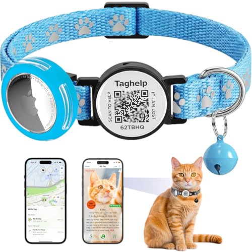 Paw Print AirTag Cat Collar - Waterproof Breakaway Reflective Collar with Bell, Secure Apple Airtag Holder & Safety Buckle | Pet Supplies, Gifts for Cat Owners (Blue) - color: Paw Print - Blue