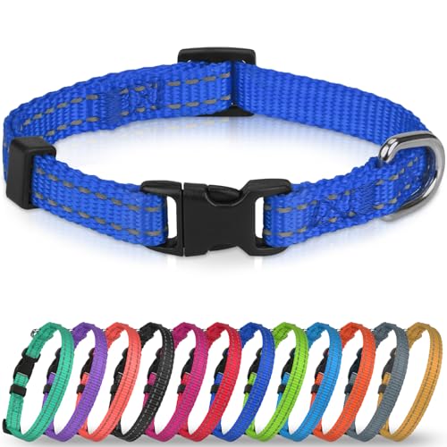 Joytale Puppy Collar, Feather-Light Double-Sided Reflective Nylon Collar for Night Safety, Adjustable Quick-Release for Extra Small Dogs, Navy Blue, XS (3/8" Width) - color: Navy Blue, size: XS: Width 3/8", Neck 8-12"