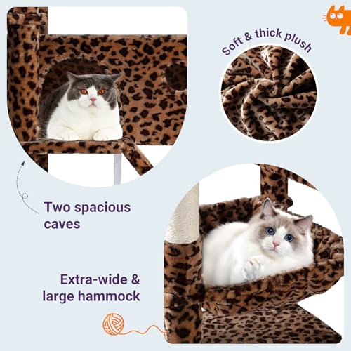Allewie 81 Inches Tall Cat Tree/Multi-Level Large Climbing Tree House and Towers for Big Feline/Condo and Hammock/Scratching Post/Wide Base/Leopard Print - color: Leopard Print
